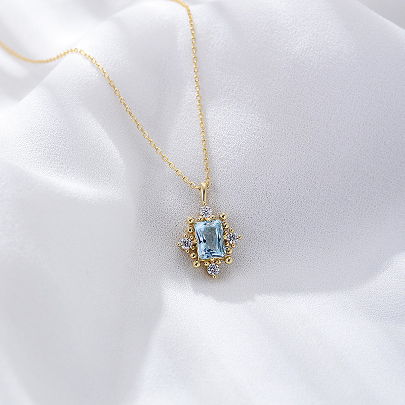 Emerald Cut Sky Blue Topaz Match White Cubic Zirconia Engagement Wedding Pendant Necklace