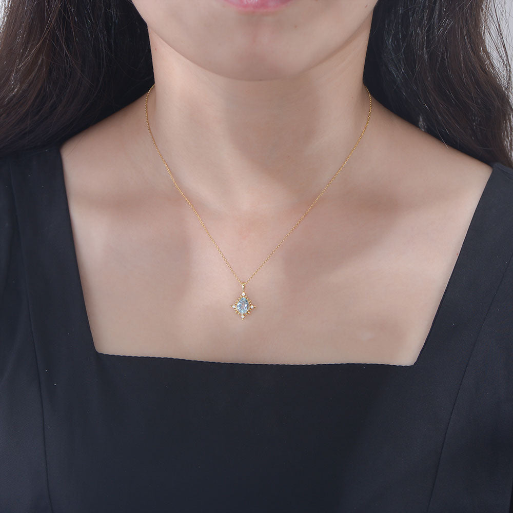 Birthstone Jewelry 14K Gold Plated 925 Sterling Silver CZ Blue Topaz Pendant Necklace