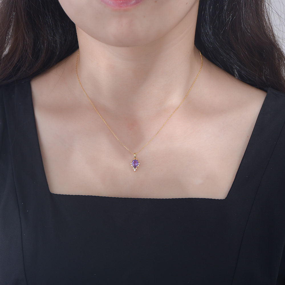 S925 Sterling Silver Elegant Geometric Birthstone Pear Cut Amethyst Necklace