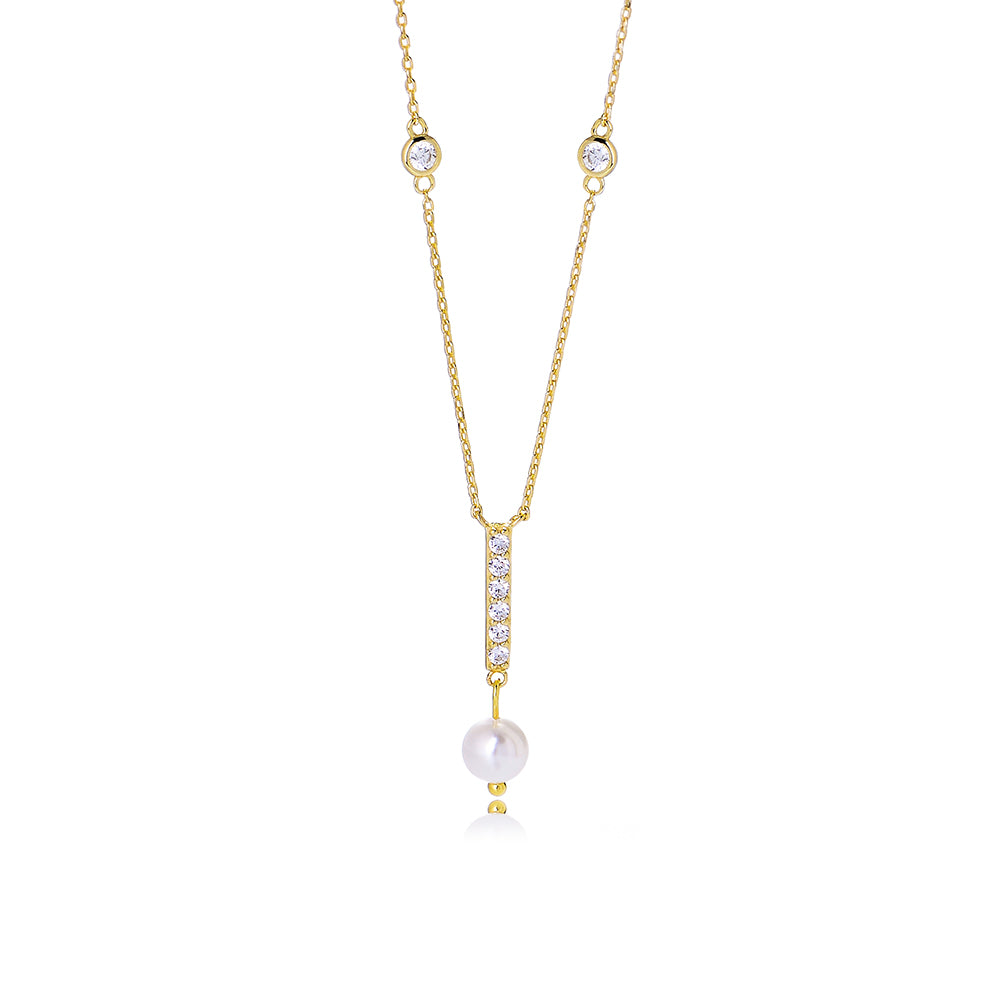 Bezel Setting Round White Zircon Bar Mother Of Pearl Necklace