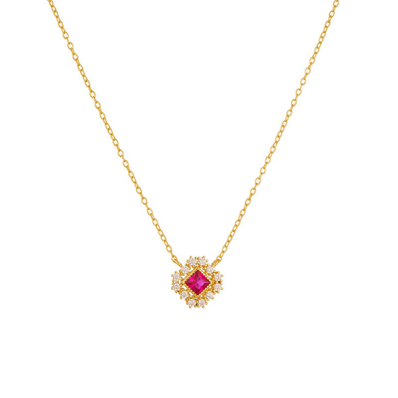 Vintage Fashion Jewelry Ruby Stone 14K Gold Plated 925 Silver Cubic Zircon Necklace