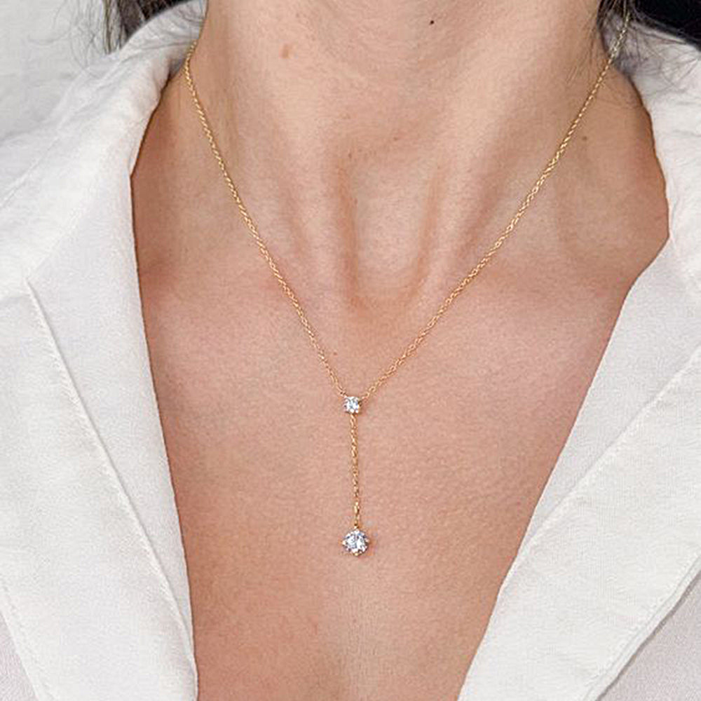 Lariat Floating Cubic Zirconia Y Shaped Pendant Necklace