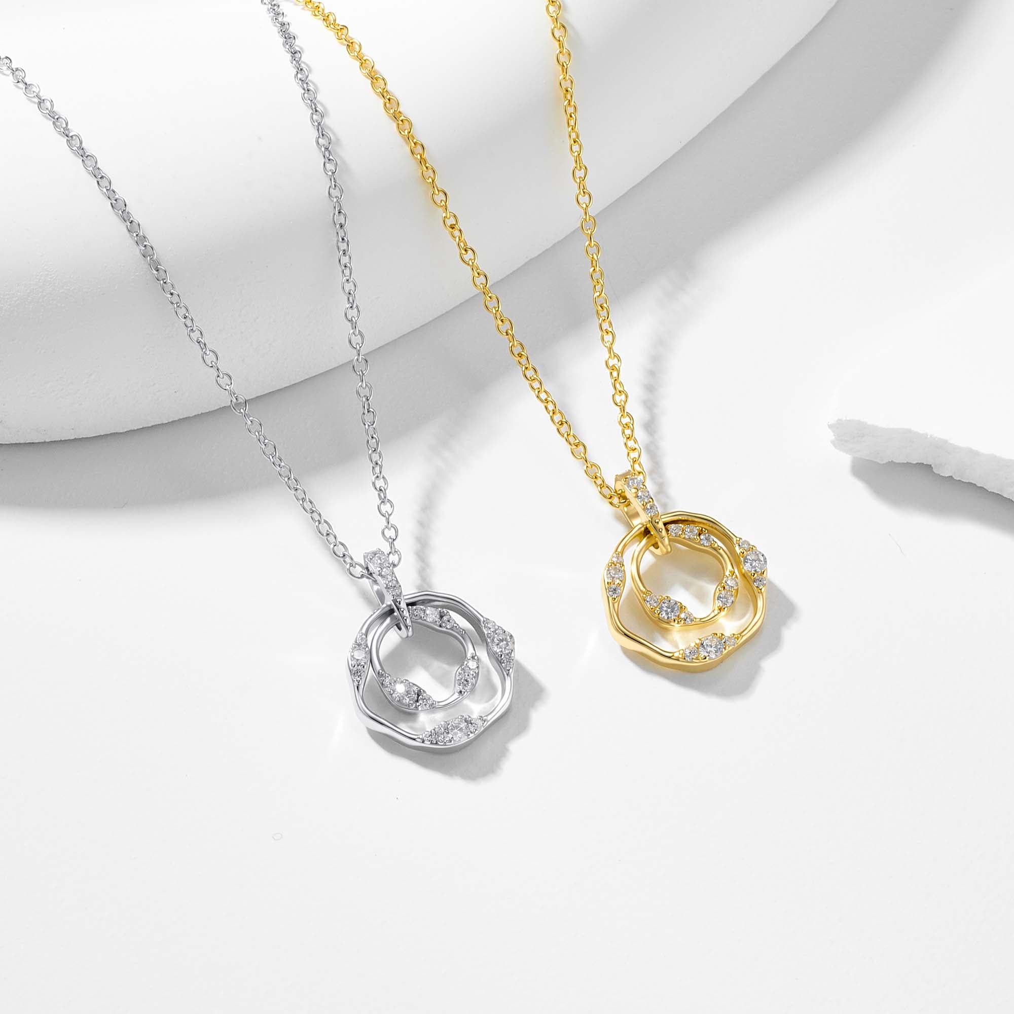 925 Sterling Silver Pave CZ Double Circle Pendant Necklace