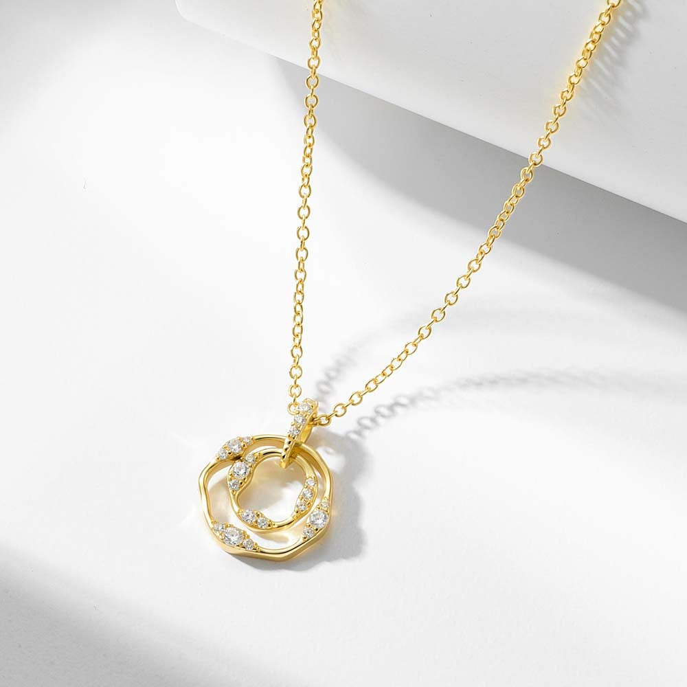 925 Sterling Silver Pave CZ Double Circle Pendant Necklace