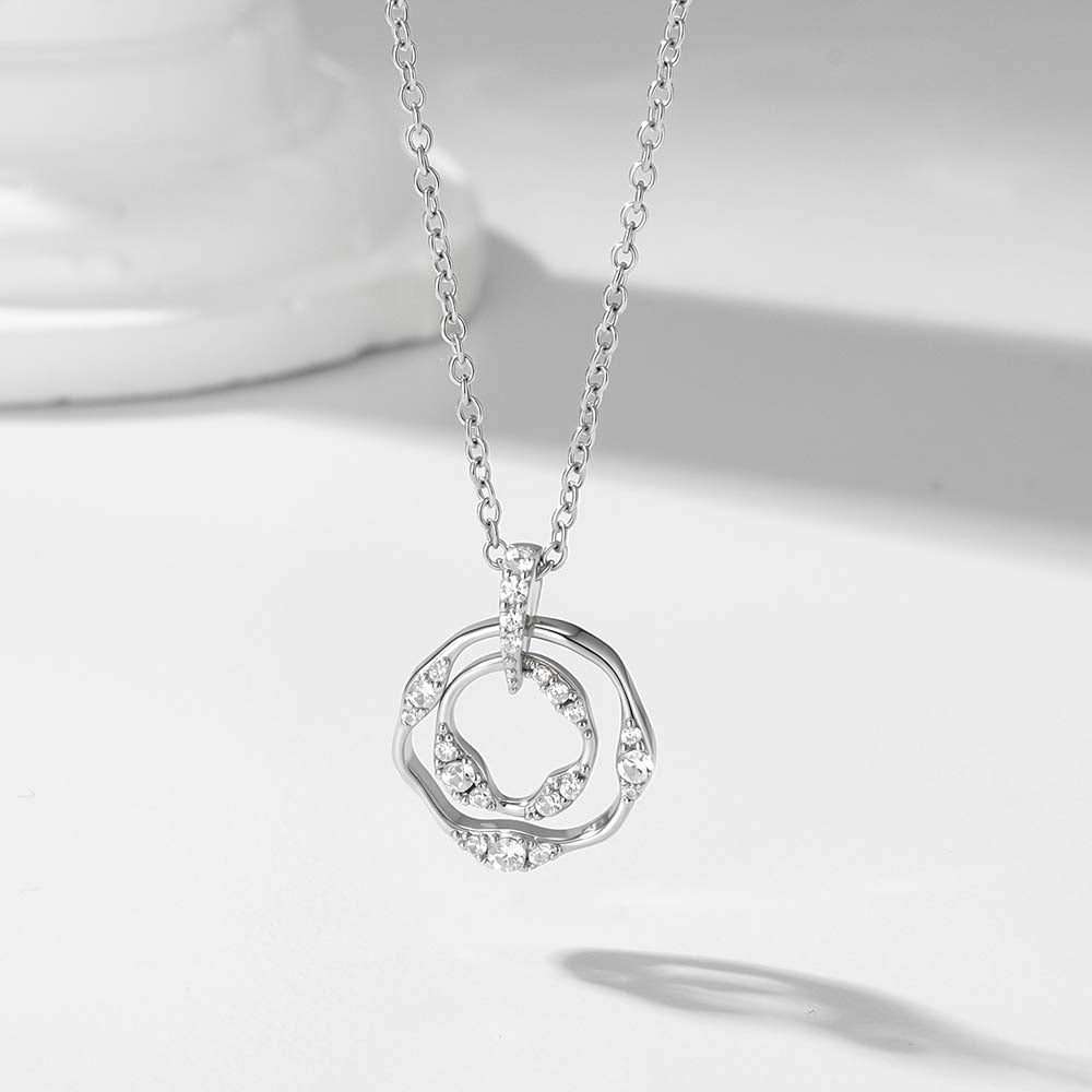 925 Sterling Silver Pave CZ Double Circle Pendant Necklace