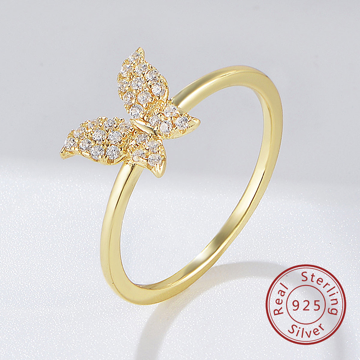 Fashion Gold Plated Cubic Zircon Butterfly Ring Women Girls 925 Sterling Silver Jewelry