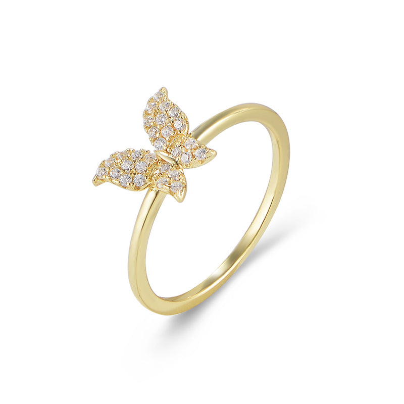 Fashion Gold Plated Cubic Zircon Butterfly Ring Women Girls 925 Sterling Silver Jewelry