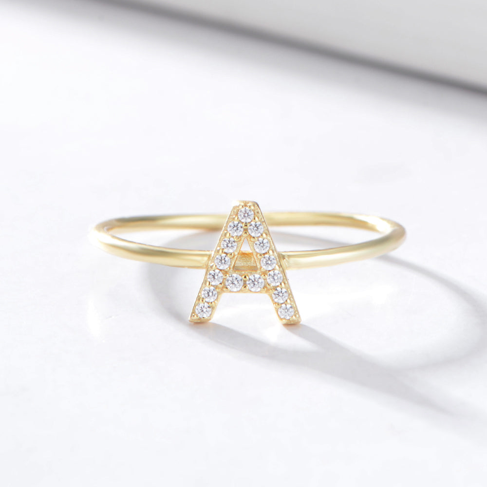 Fashion Simple Round Brilliant Cut Zircon Gold Plated 925 Sterling Silver Jewelry A-Z 26 Letters Name Initial Rings