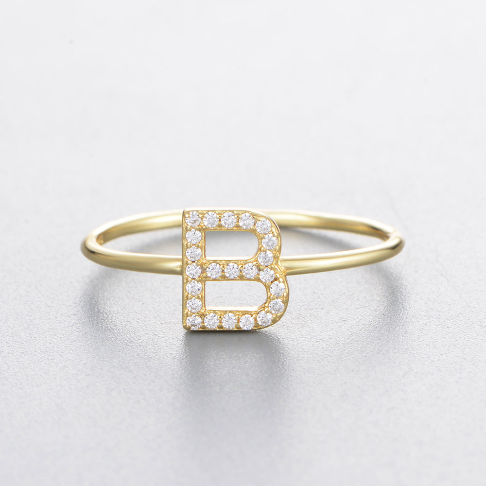 Fashion Simple Round Brilliant Cut Zircon Gold Plated Jewelry A-Z 26 Letters Name Initial Rings