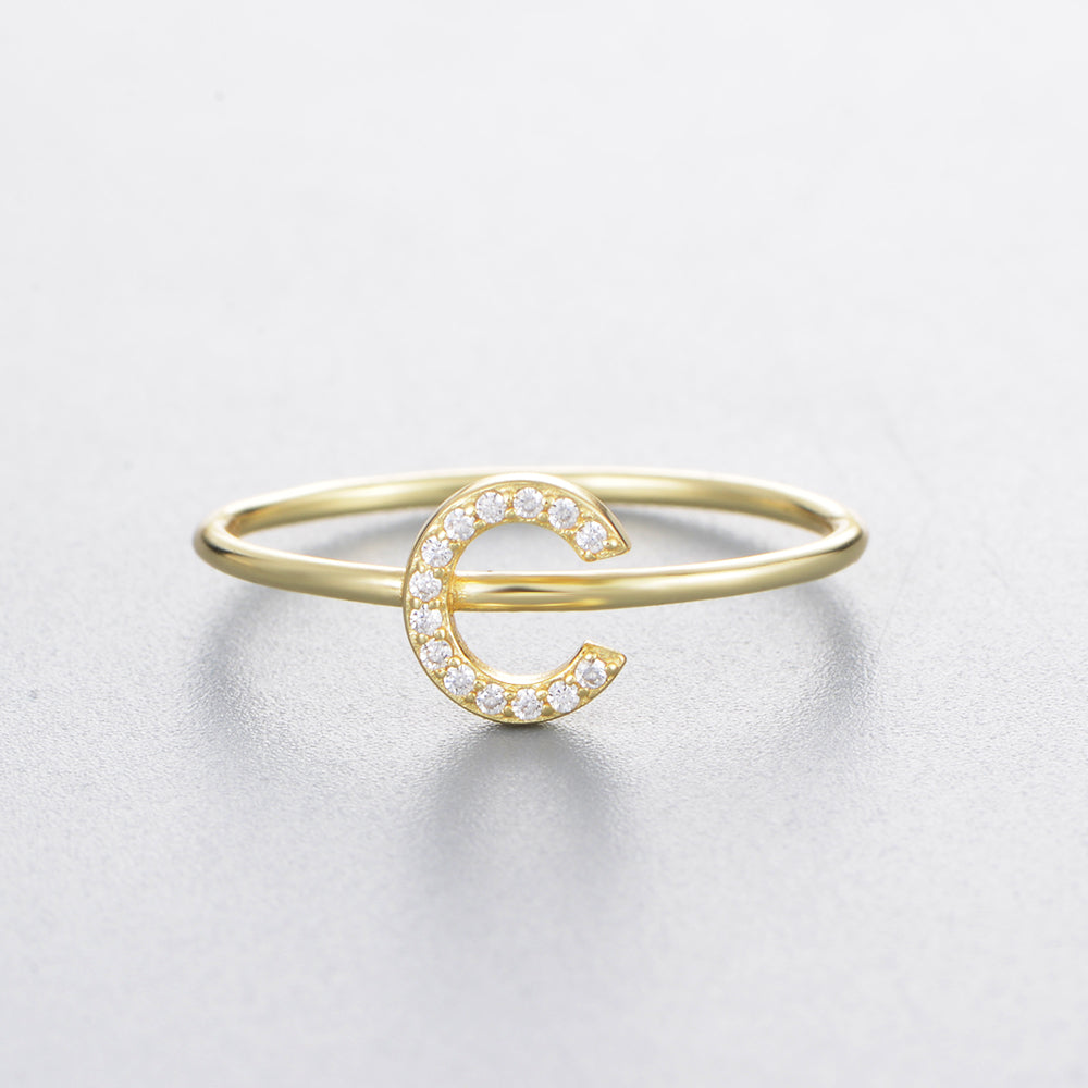 Fashion Simple Round Brilliant Cut Zircon Gold Plated Jewelry A-Z 26 Letters Name Initial Rings