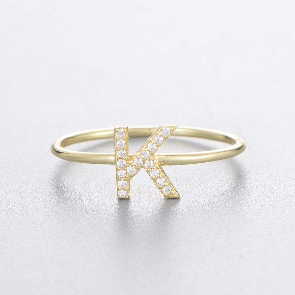Fashion Simple Round Brilliant Cut Zircon Gold Plated Jewelry A-Z 26 Letters Name Initial Rings