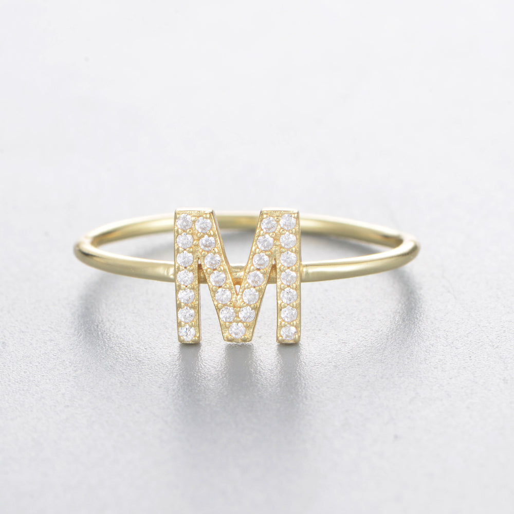 Fashion Simple Round Brilliant Cut Zircon Gold Plated Jewelry A-Z 26 Letters Name Initial Rings