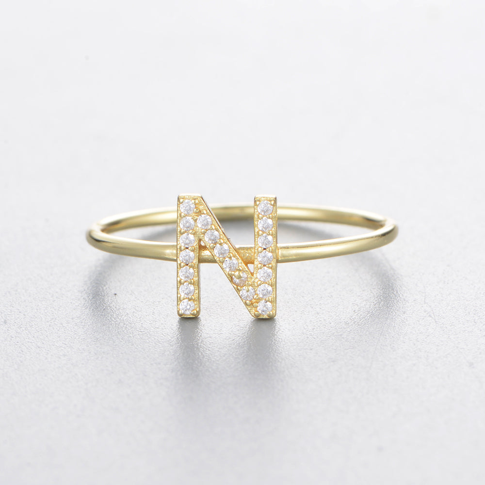Fashion Simple Round Brilliant Cut Zircon Gold Plated Jewelry A-Z 26 Letters Name Initial Rings