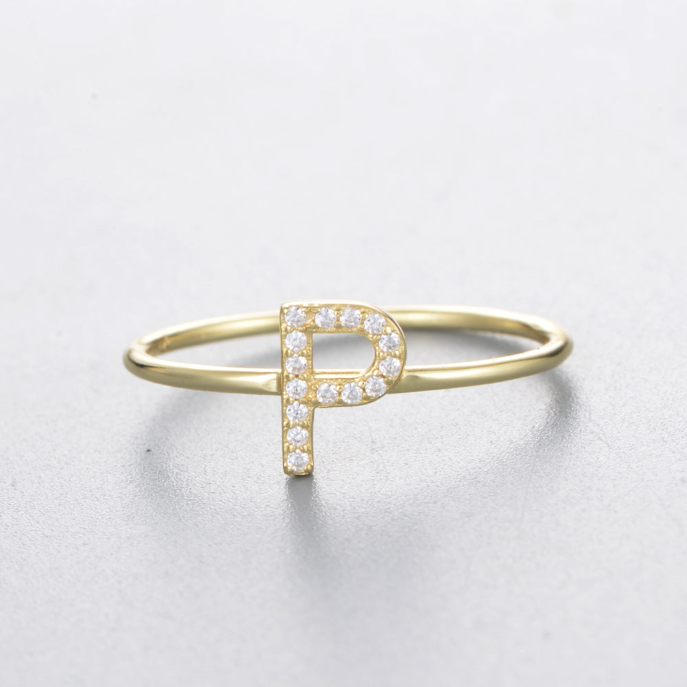 Fashion Simple Round Brilliant Cut Zircon Gold Plated Jewelry A-Z 26 Letters Name Initial Rings
