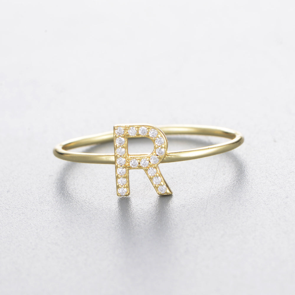Fashion Simple Round Brilliant Cut Zircon Gold Plated Jewelry A-Z 26 Letters Name Initial Rings