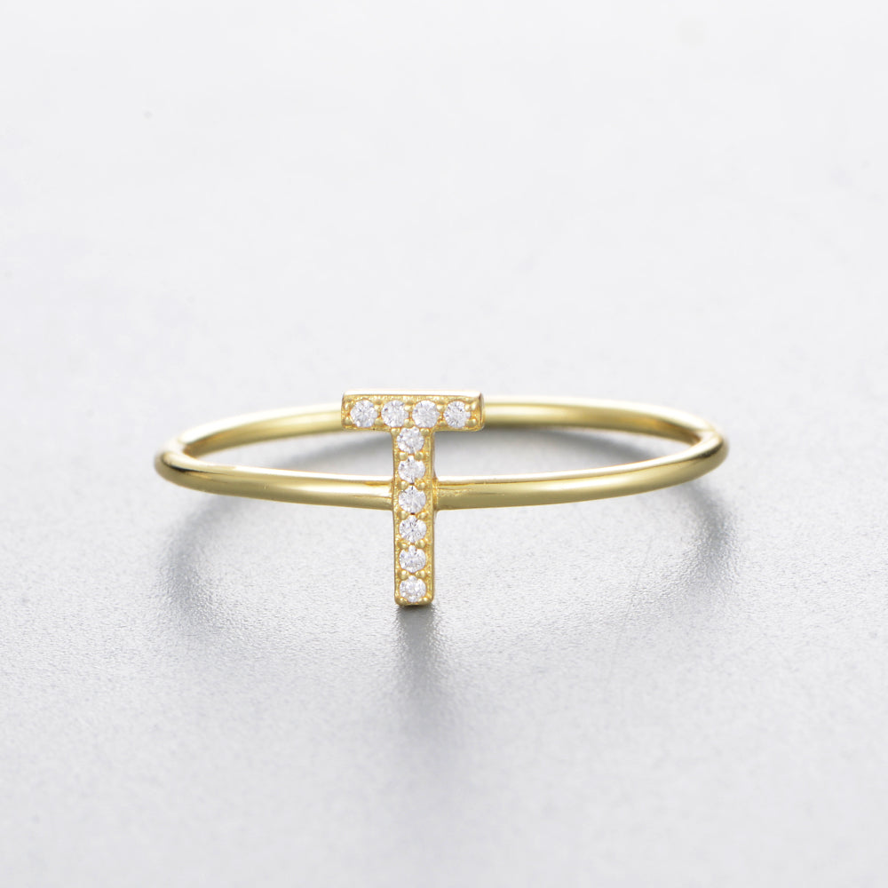 Fashion Simple Round Brilliant Cut Zircon Gold Plated Jewelry A-Z 26 Letters Name Initial Rings