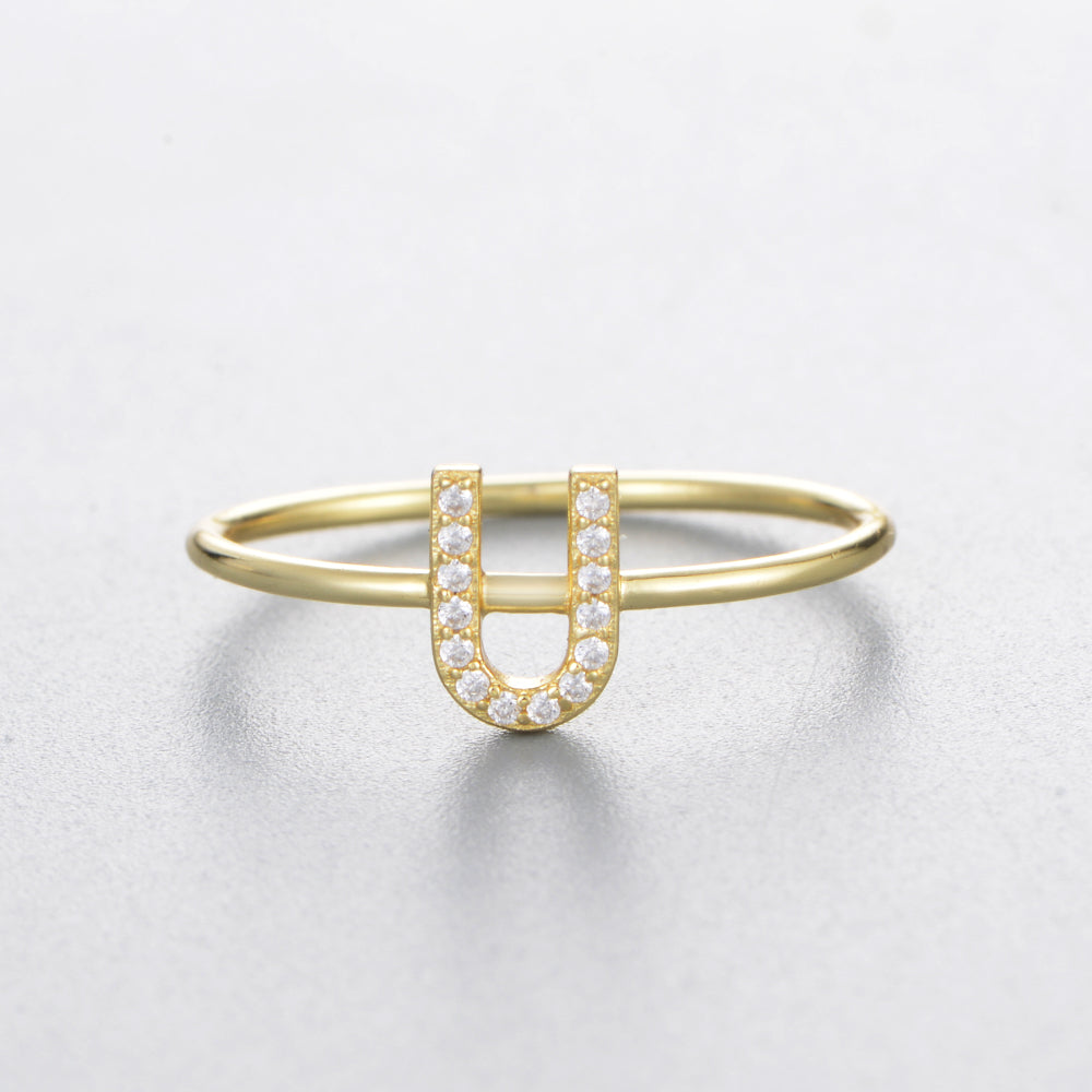 Fashion Simple Round Brilliant Cut Zircon Gold Plated Jewelry A-Z 26 Letters Name Initial Rings