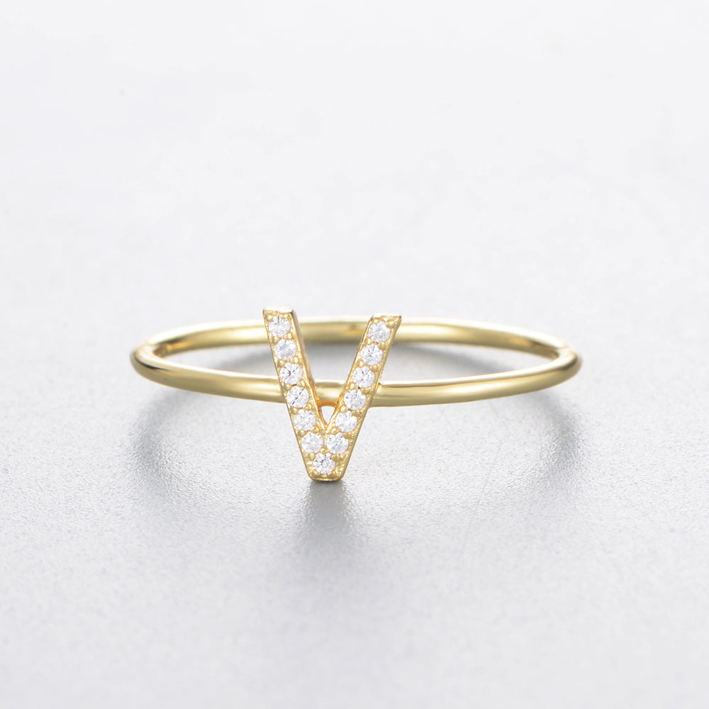 Fashion Simple Round Brilliant Cut Zircon Gold Plated Jewelry A-Z 26 Letters Name Initial Rings