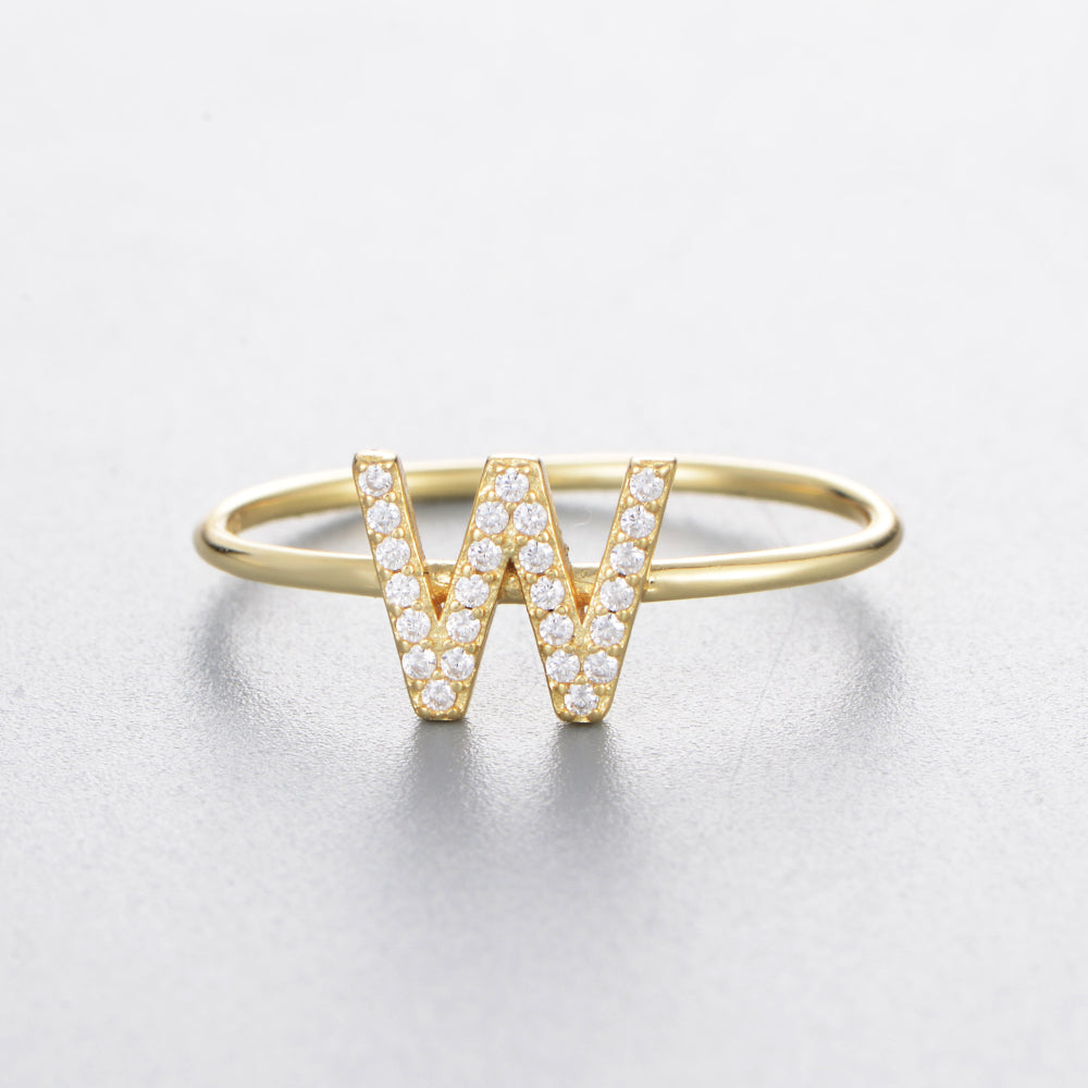 Fashion Simple Round Brilliant Cut Zircon Gold Plated Jewelry A-Z 26 Letters Name Initial Rings
