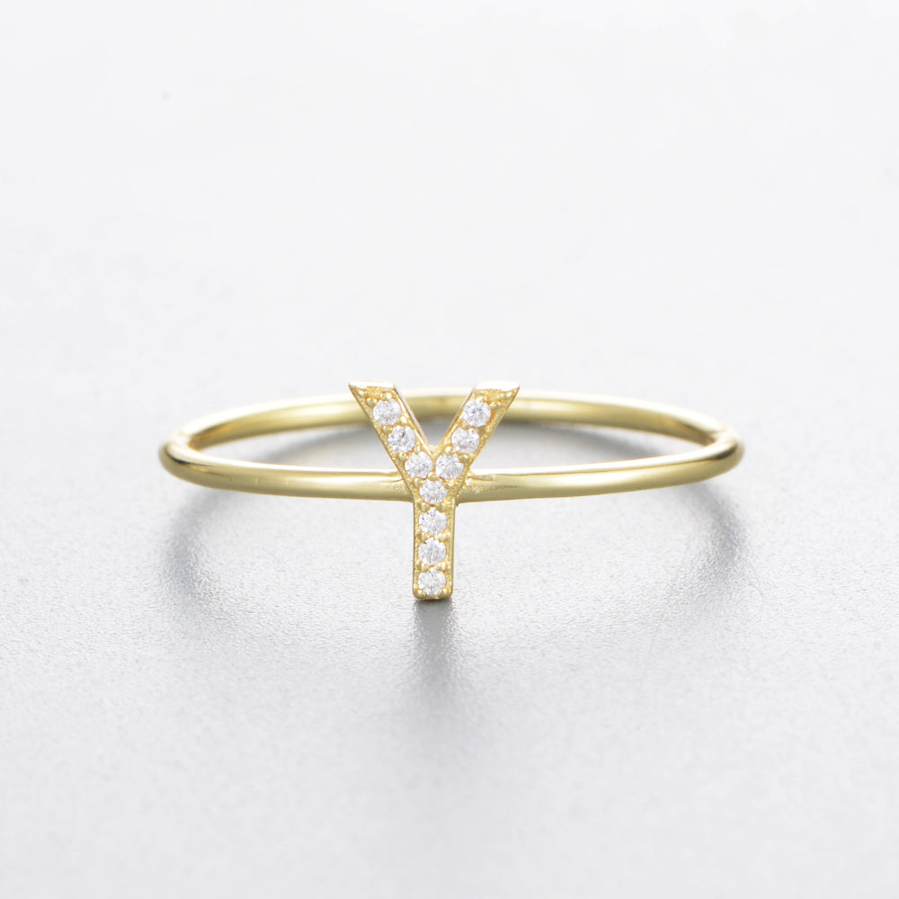 Fashion Simple Round Brilliant Cut Zircon Gold Plated Jewelry A-Z 26 Letters Name Initial Rings
