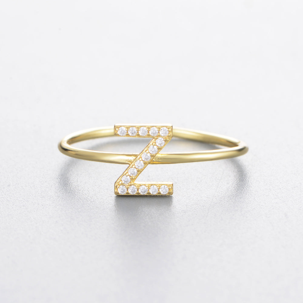Fashion Simple Round Brilliant Cut Zircon Gold Plated Jewelry A-Z 26 Letters Name Initial Rings