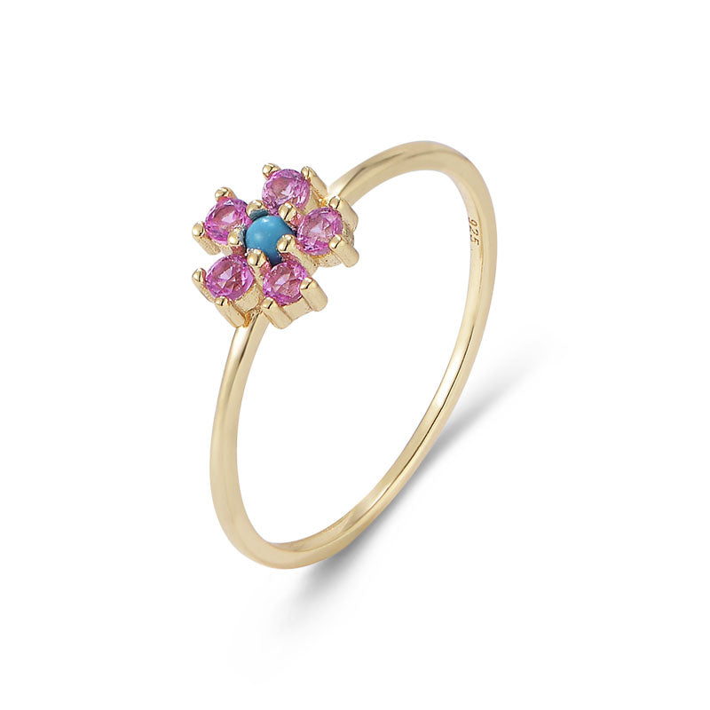 Trendy Cute 925 Sterling Silver Gold Plated Turquoise Flower Ring