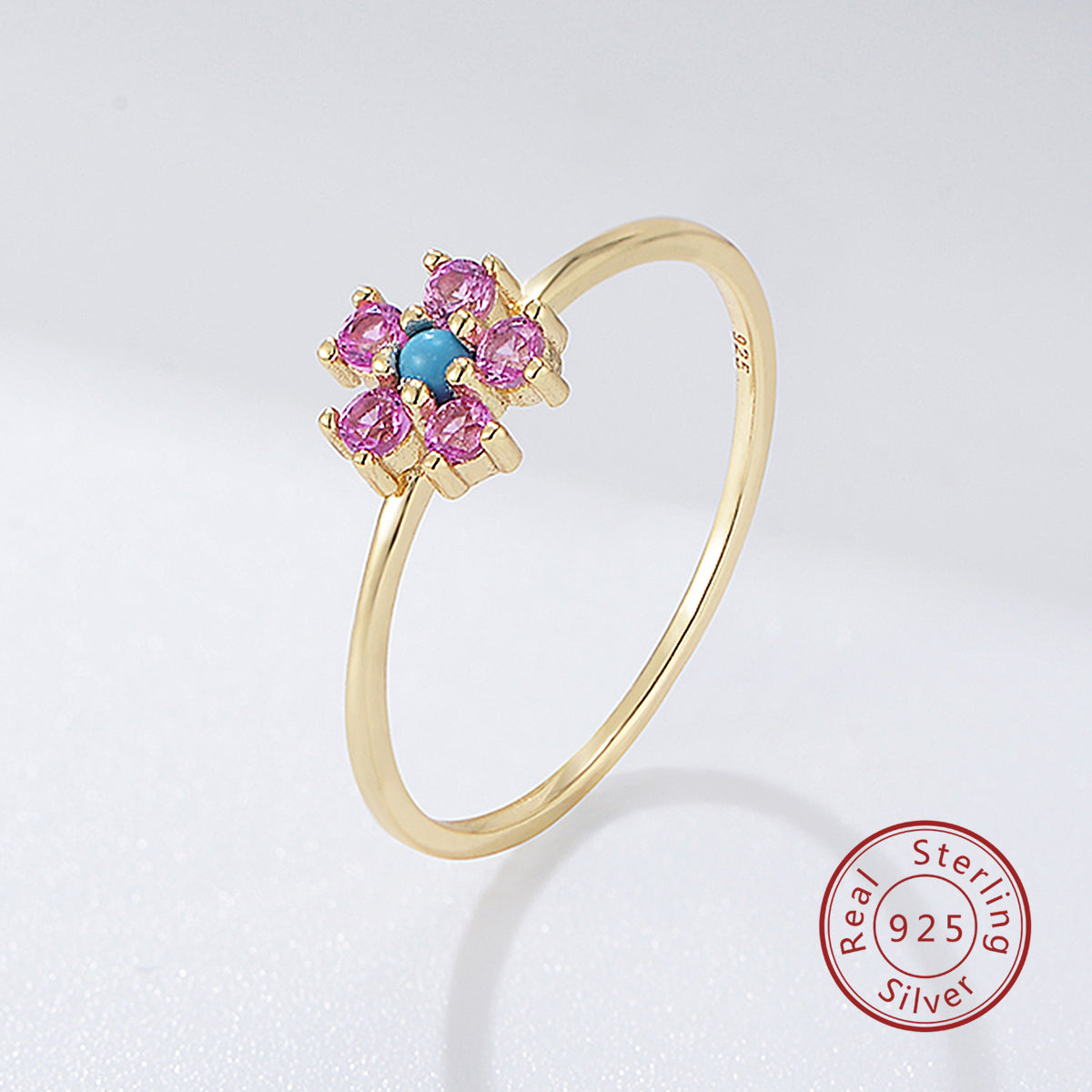 Trendy Cute 925 Sterling Silver Gold Plated Turquoise Flower Ring