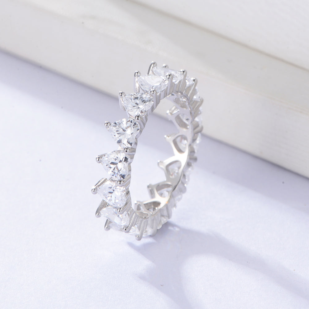 Elegant S925 Sterling Silver All-Set Heart Zircon Eternity Wedding Ring