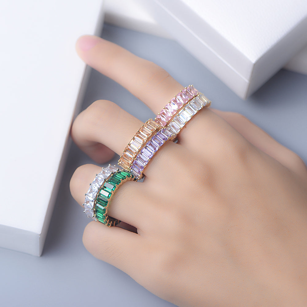 Fashion Colorful Pink Champagne White Baguette CZ Jewelry Pave Cubic Zirconia Ring