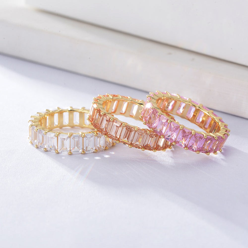 Fashion Colorful Pink Champagne White Baguette CZ Jewelry Luxury Gold Plated 925 Silver Pave Cubic Zirconia Ring