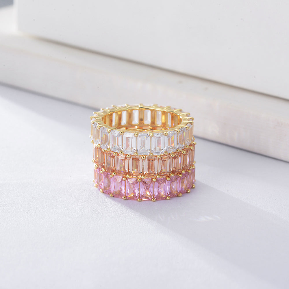 Fashion Colorful Pink Champagne White Baguette CZ Jewelry Pave Cubic Zirconia Ring