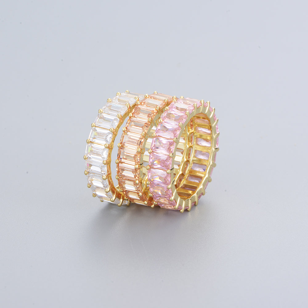 Fashion Colorful Pink Champagne White Baguette CZ Jewelry Pave Cubic Zirconia Ring
