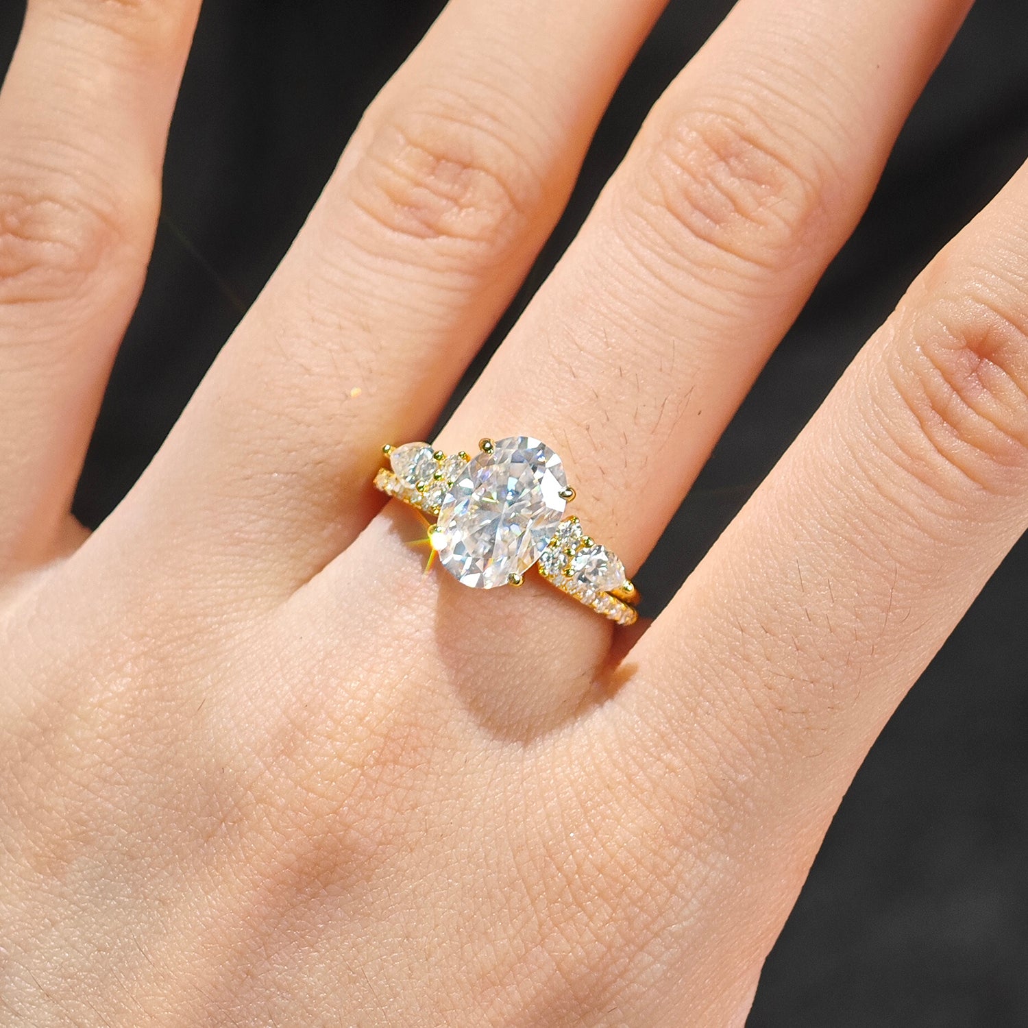 Polished Smooth Band Four-Prong Oval Cut Solitaire Moissanite Ring Set