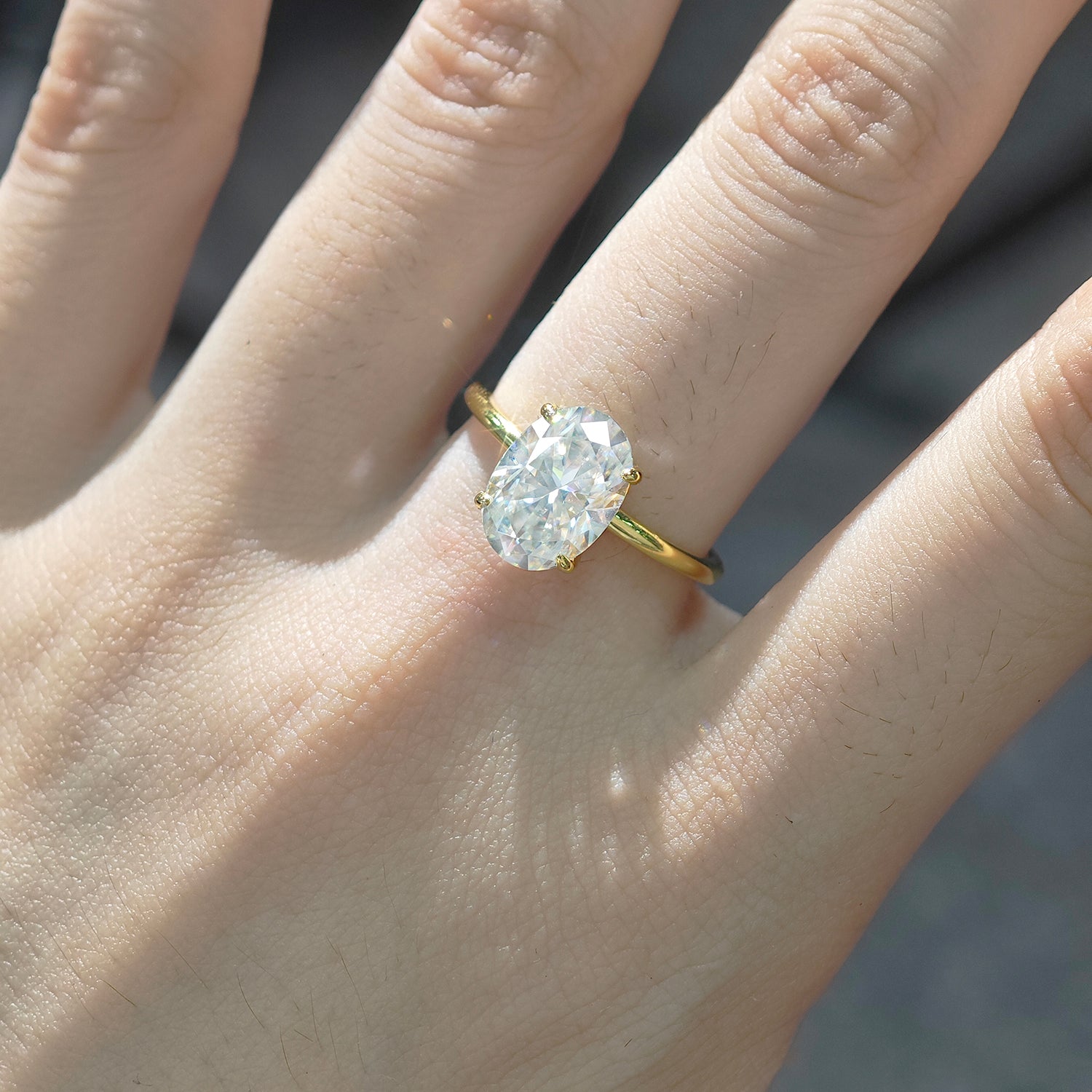 Polished Smooth Band Four-Prong Oval Cut Solitaire Moissanite Ring Set