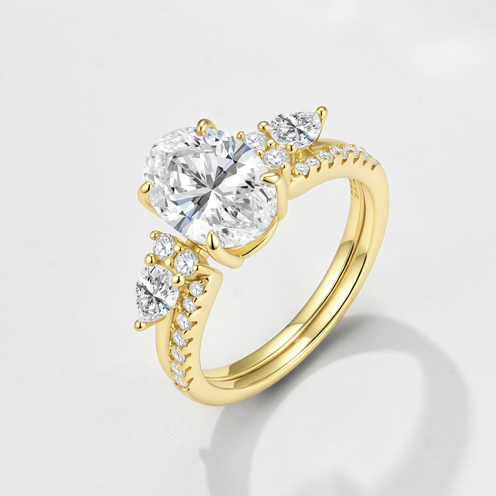 Polished Smooth Band Four-Prong Oval Cut Solitaire Moissanite Ring Set