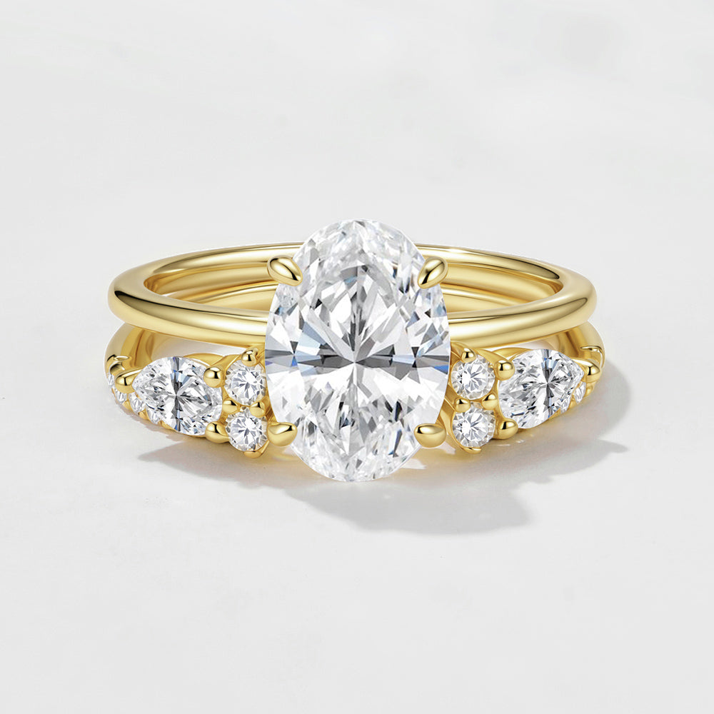 Polished Smooth Band Four-Prong Oval Cut Solitaire Moissanite Ring Set