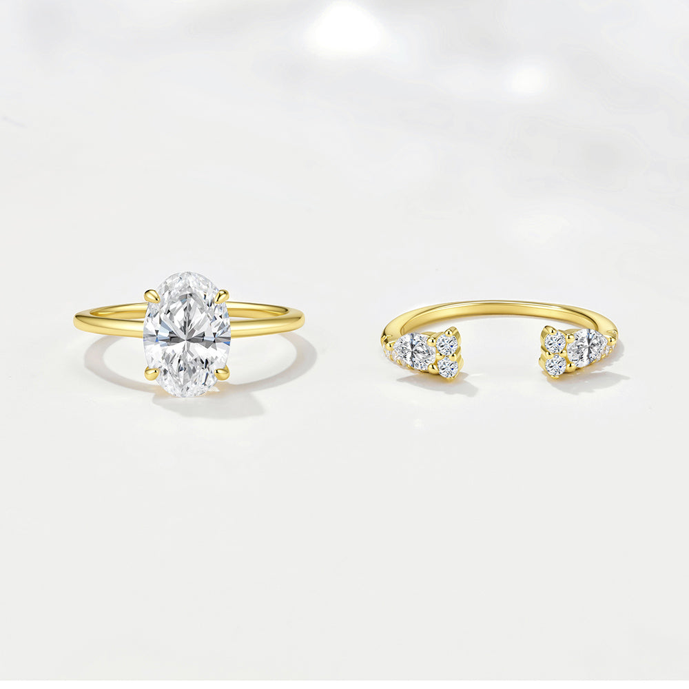 Polished Smooth Band Four-Prong Oval Cut Solitaire Moissanite Ring Set