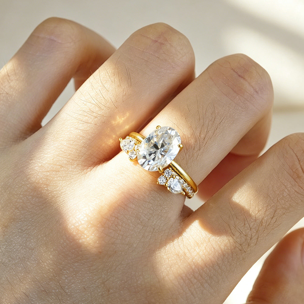 Polished Smooth Band Four-Prong Oval Cut Solitaire Moissanite Ring Set