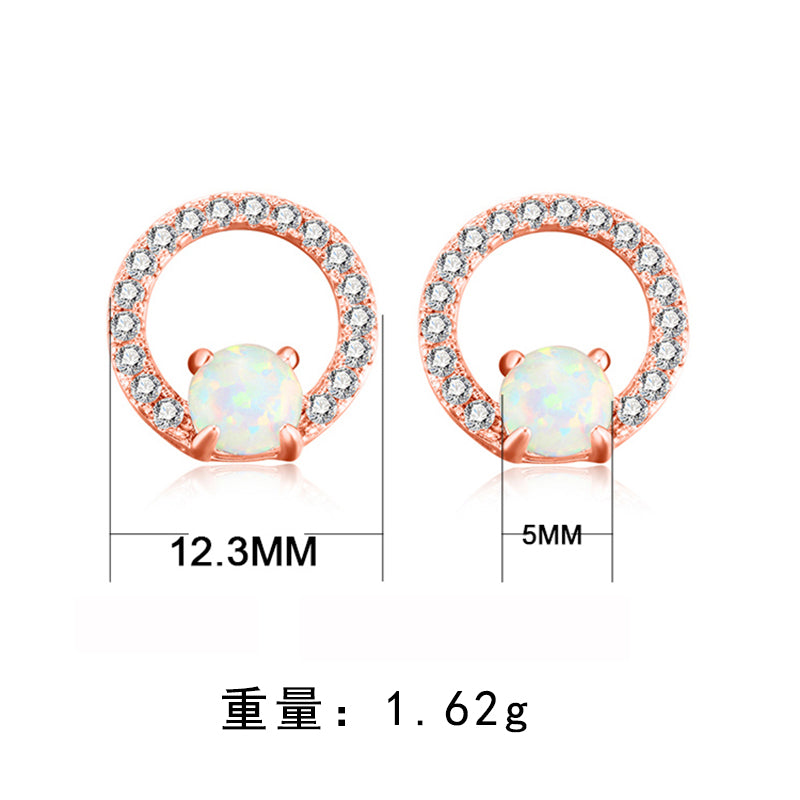 S925 Sterling Silver Simple Fashion Round Opal Zircon Elegant Stud Earrings