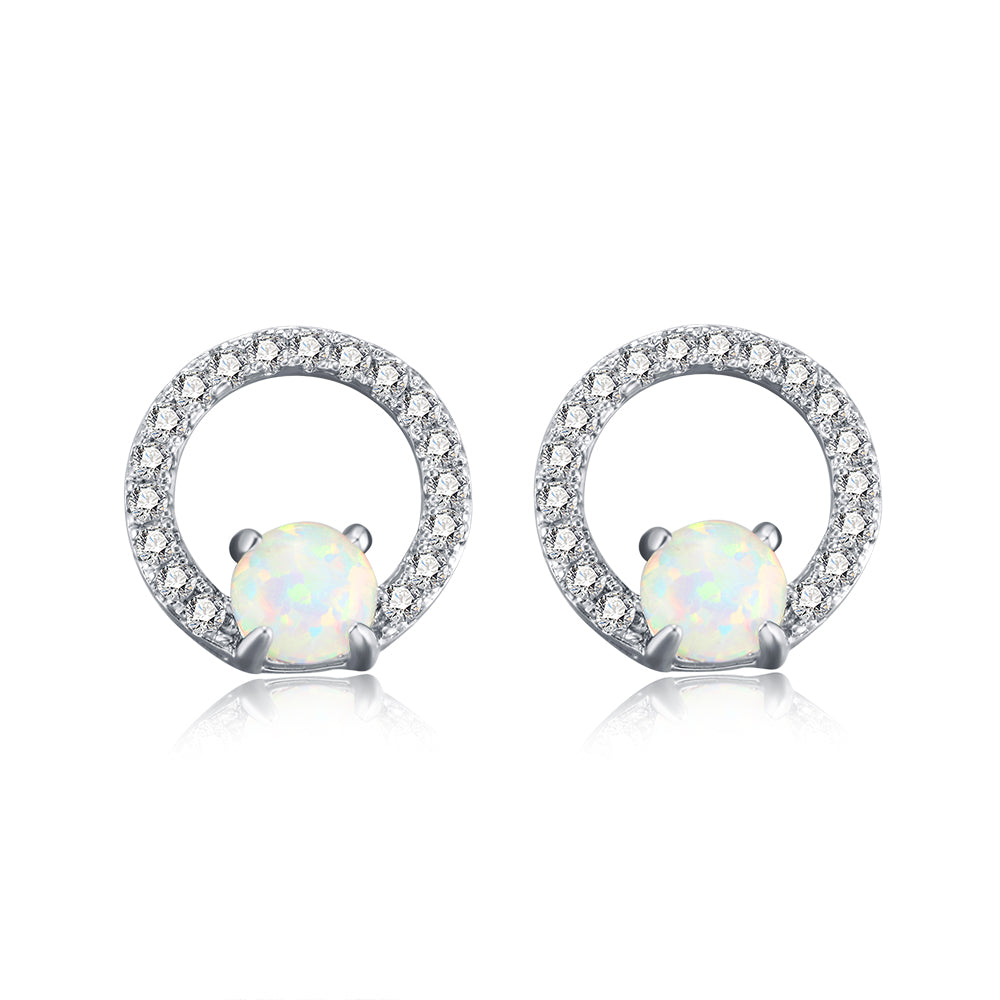 S925 Sterling Silver Simple Fashion Round Opal Zircon Elegant Stud Earrings