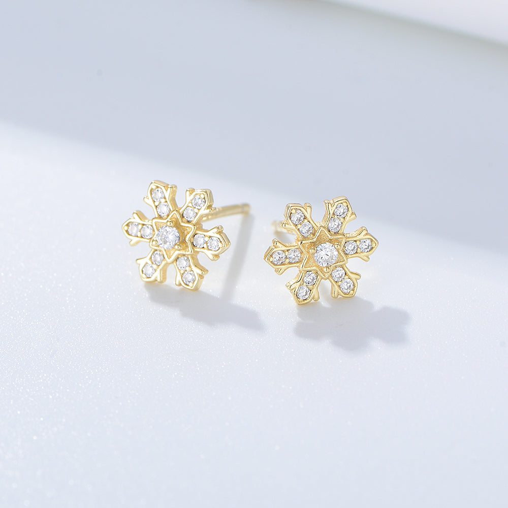 925 Sterling Silver Jewelry Fashion Gold Plated Pave Diamond CZ Snowflake Stud Earrings