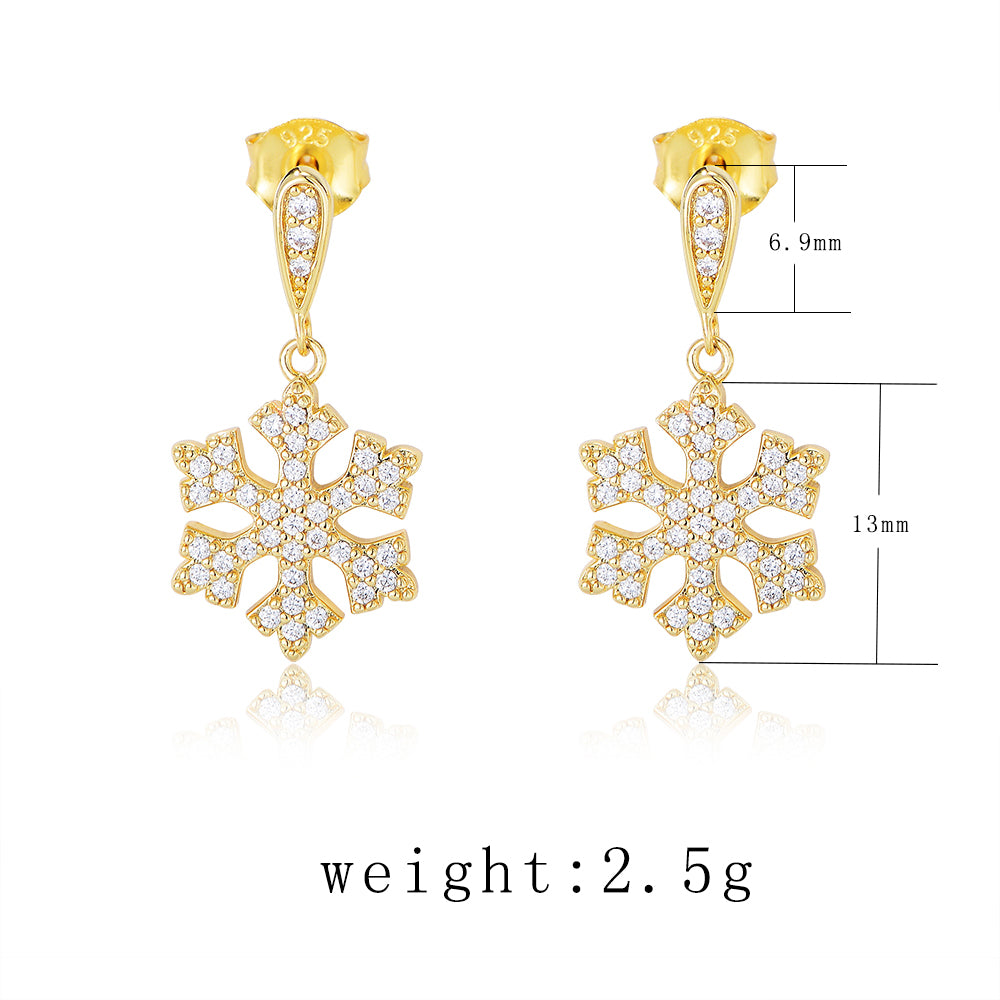 Fashion Gold Plated Jewelry 925 Silver Zircon Snowflake Charm Stud Earring