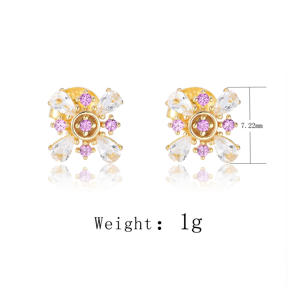 925 Sterling Silver Gold Plated Color Zircon Flower Stud Earring