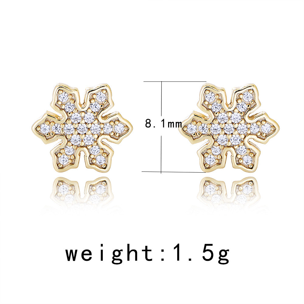 Trendy Women Fine Jewelry S925 Sterling Silver 14K Gold Plated Zircon Snowflake Earrings