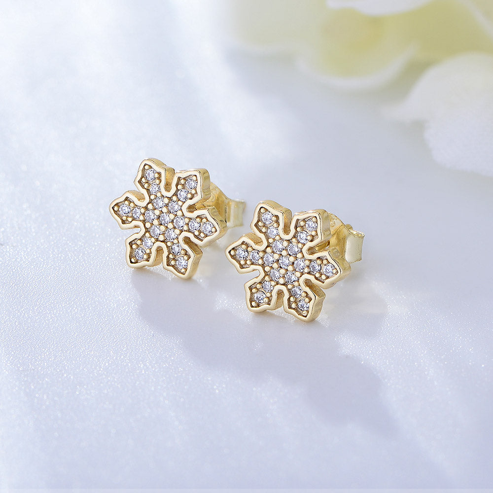 Trendy Women Fine Jewelry S925 Sterling Silver 14K Gold Plated Zircon Snowflake Earrings