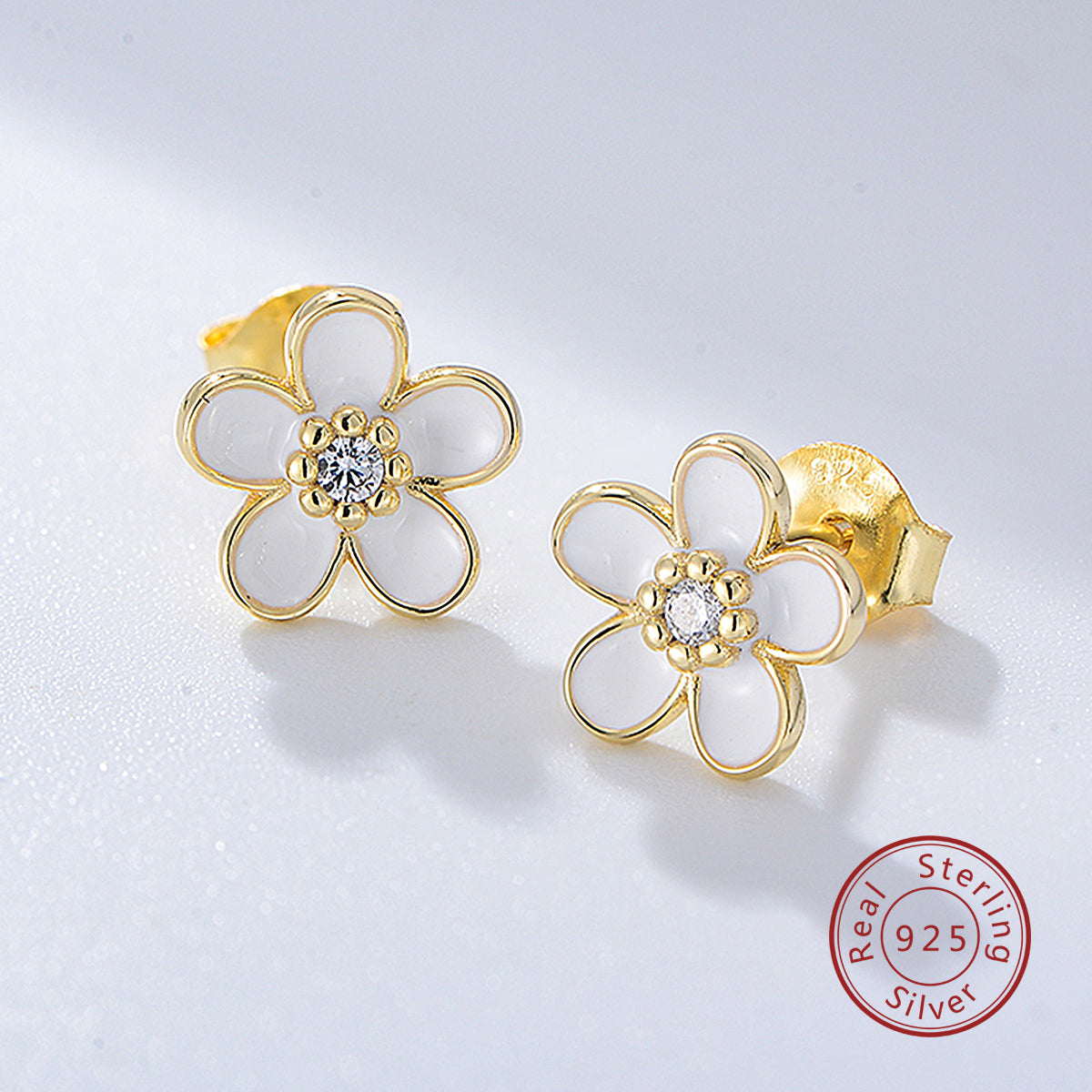 Dainty 925 Sterling Silver Gold Plated Flower Enamel Zircon Hypoallergenic Stud Earring