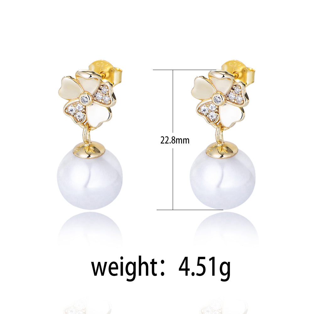 High Quality 925 Silver White Cubic Zirconia Flower Pearl Stud Earring