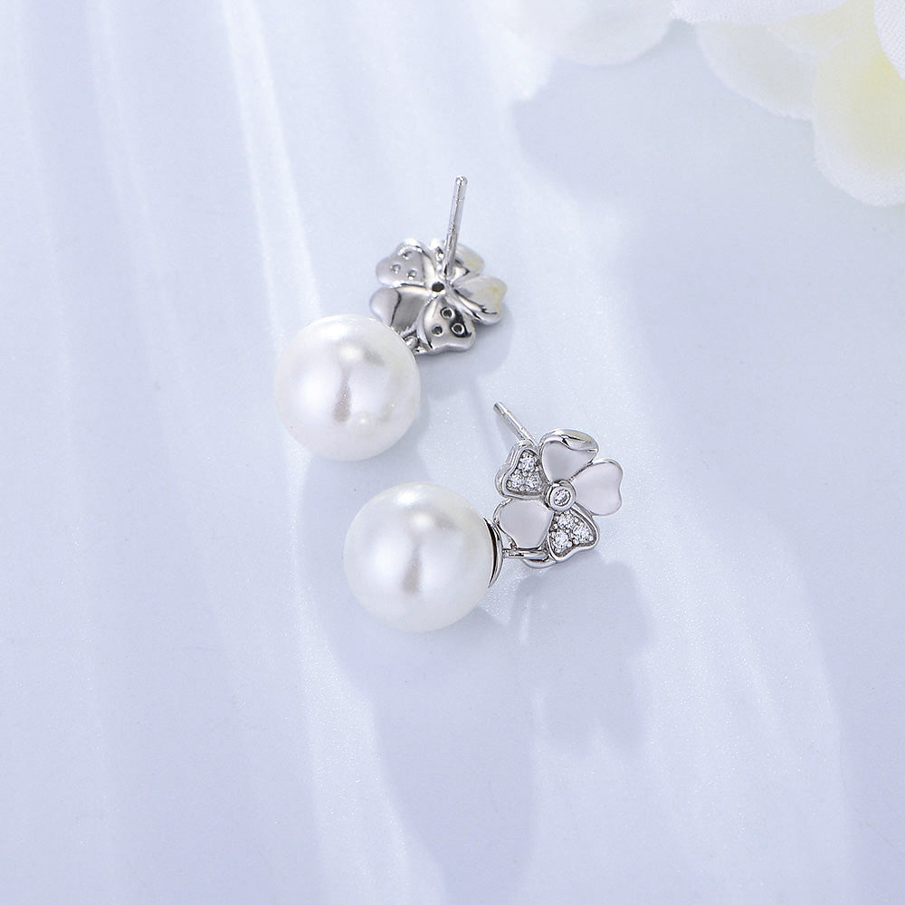 High Quality  White Cubic Zirconia Flower Pearl Stud Earring