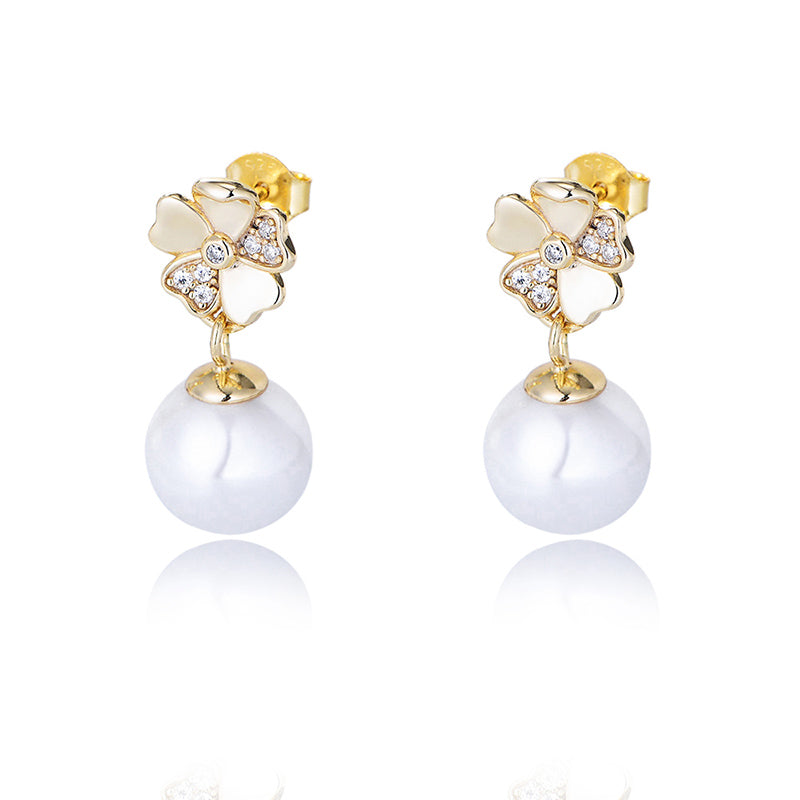 High Quality 925 Silver White Cubic Zirconia Flower Pearl Stud Earring