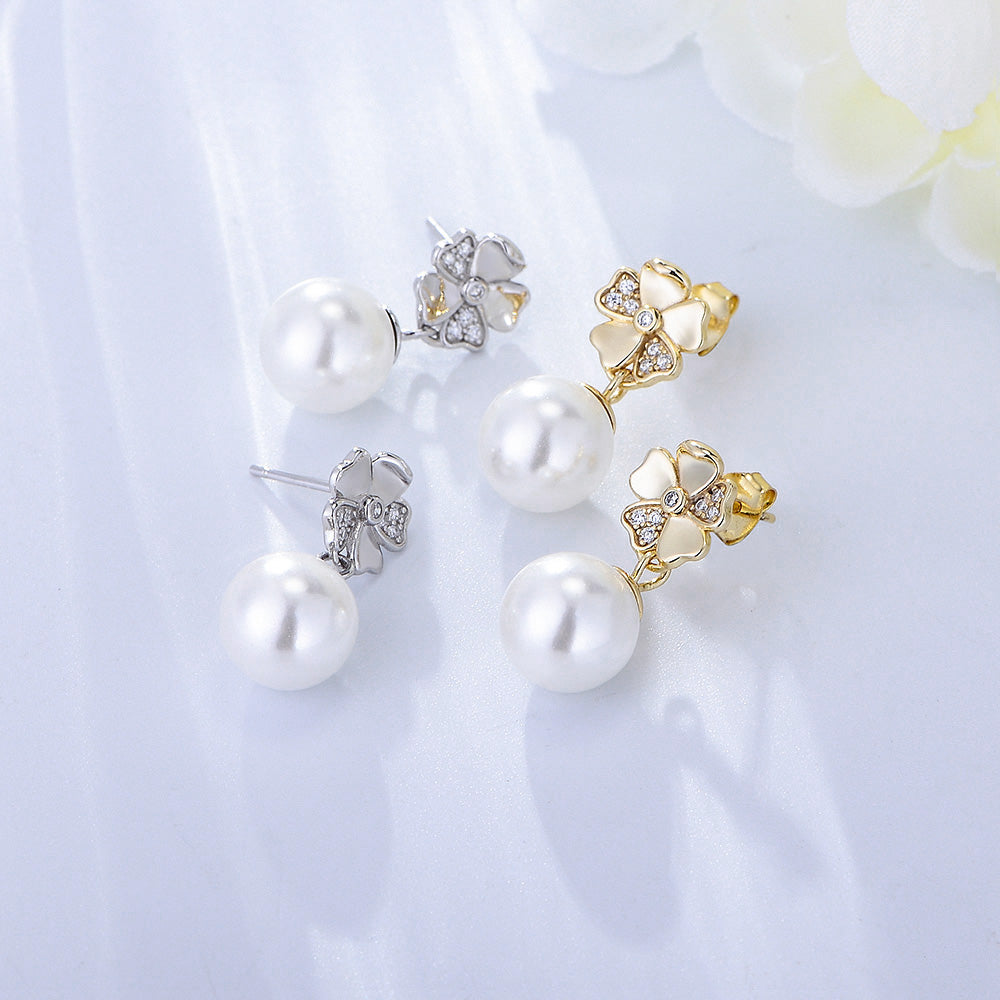 High Quality  White Cubic Zirconia Flower Pearl Stud Earring